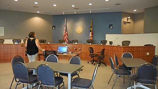 [photo, Board of Education meeting room, Frederick County Public Schools Building, 191 South East St., Frederick, Maryland]